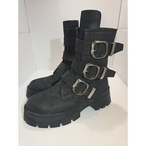 Steve Madden Sz 9M Aaron Boot, Black Combat Boots Silver Buckles Ankle